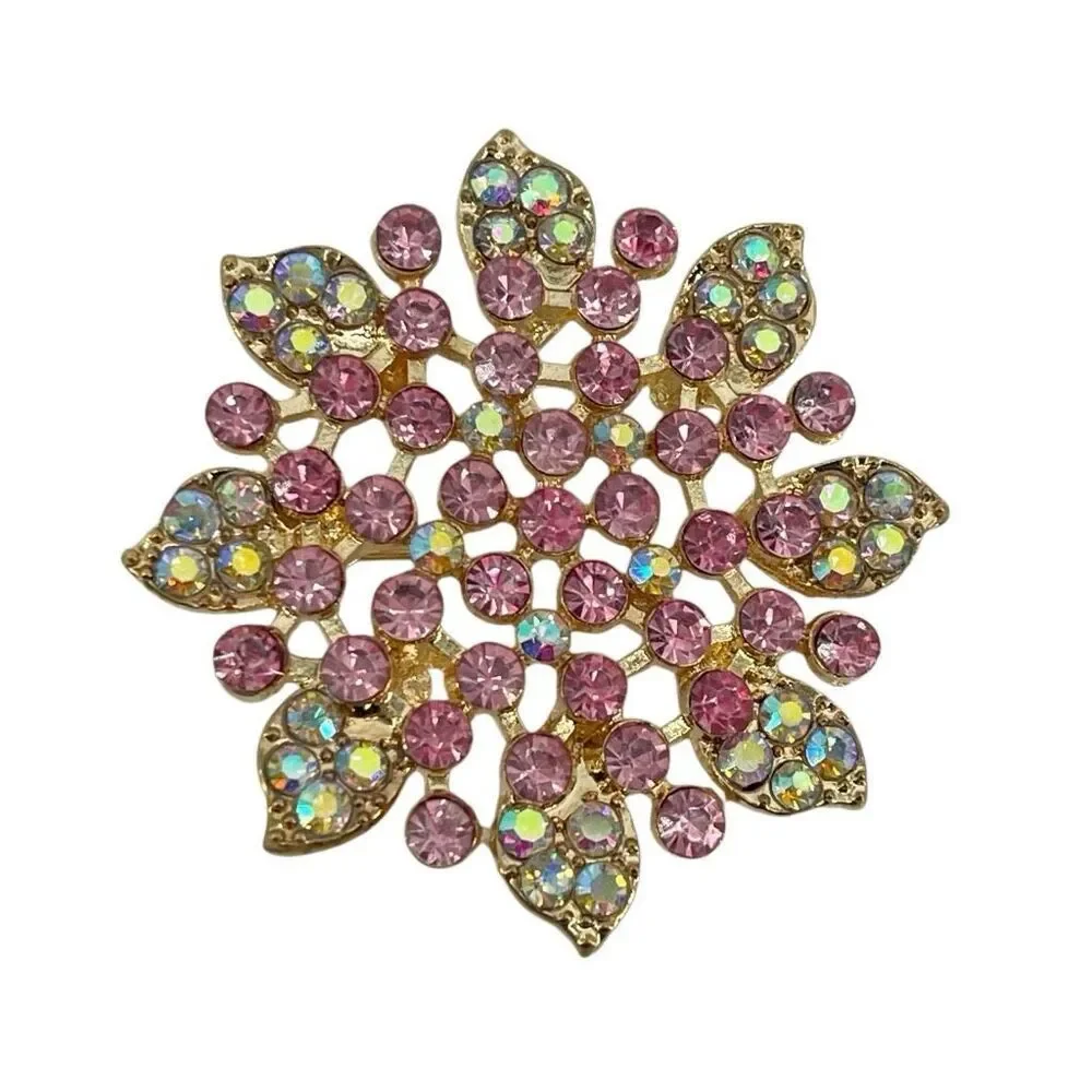 Pink Rhinestone Floral Brooch Pin AB Crystal Gold Tone Statement Jewelry New